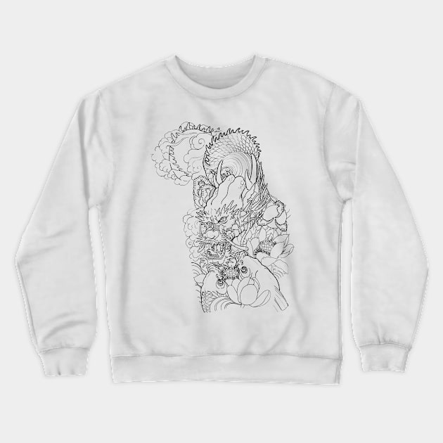 Pencil hand-drawn dragon and koi design Crewneck Sweatshirt by JESS.JPN